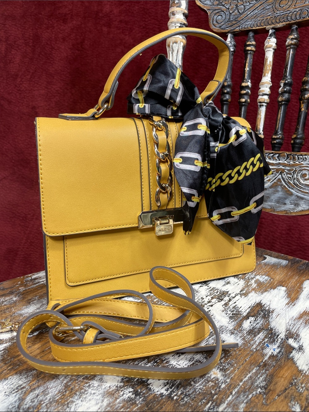 NWOT ♥️ Aldo Muted Yellow Top-Handle Crossbody Satchel, Chain Accent & Scarf